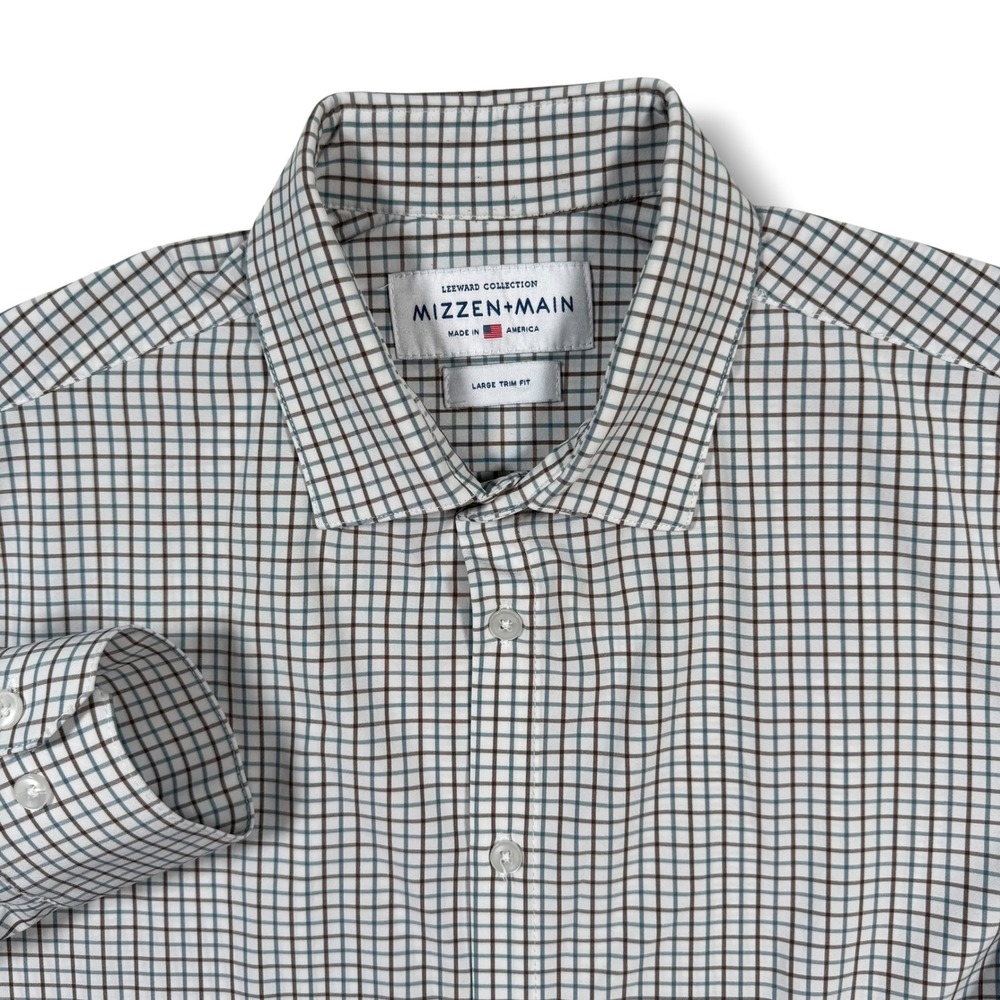 Mizzen+Main Button Down Mens Large Brown Blue Check Leeward Trim Fit Dress Shirt